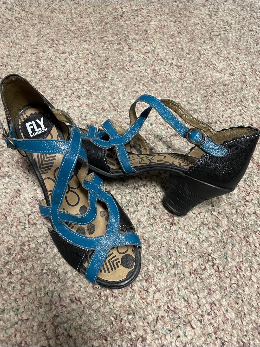 Fly London blue and Black Leather Cross-Strap Heels- like new
